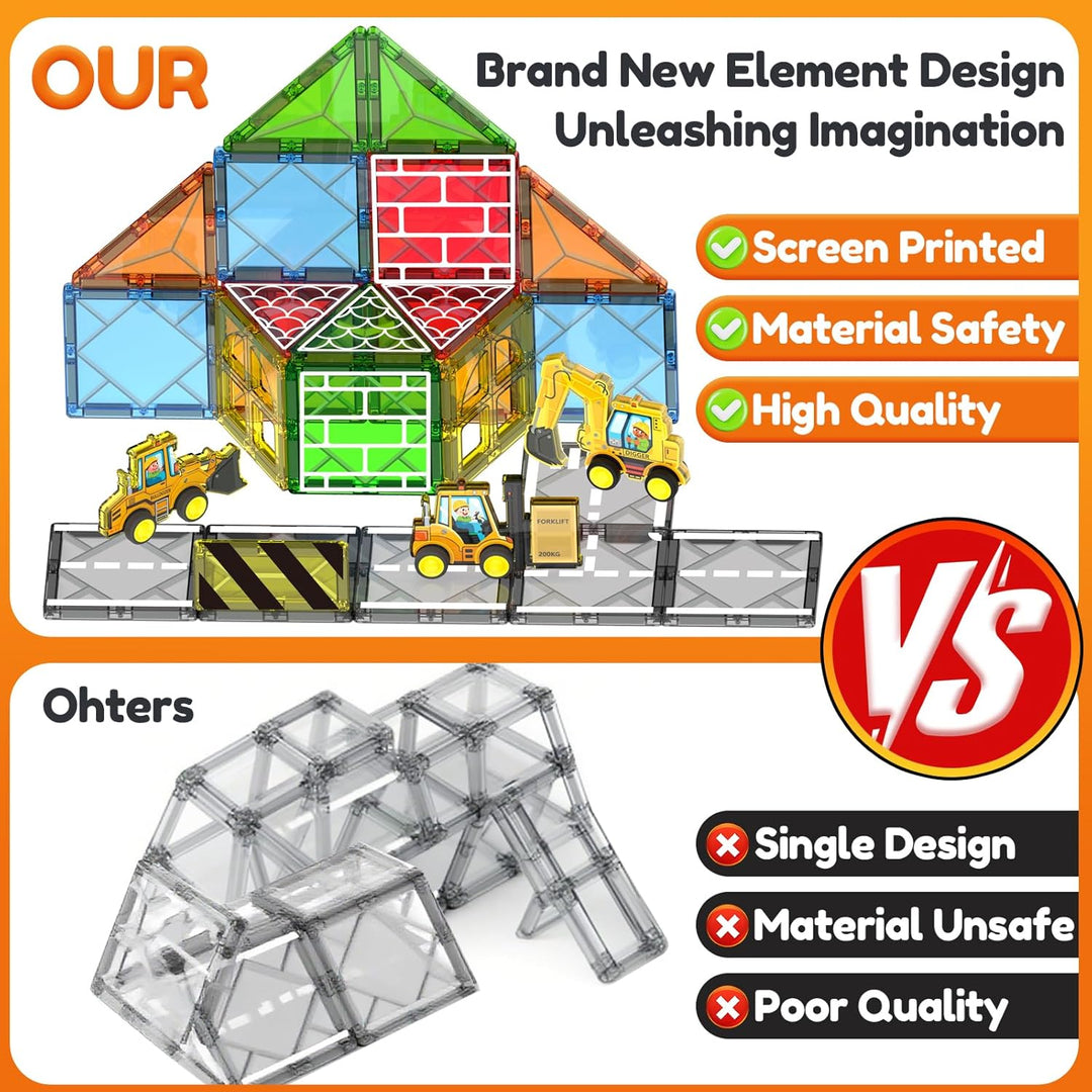 Magnetic Tiles Engineer Expansion Pack – 5 Pcs Construction Vehicles + 25 Pcs Road Building Magnetic Blocks