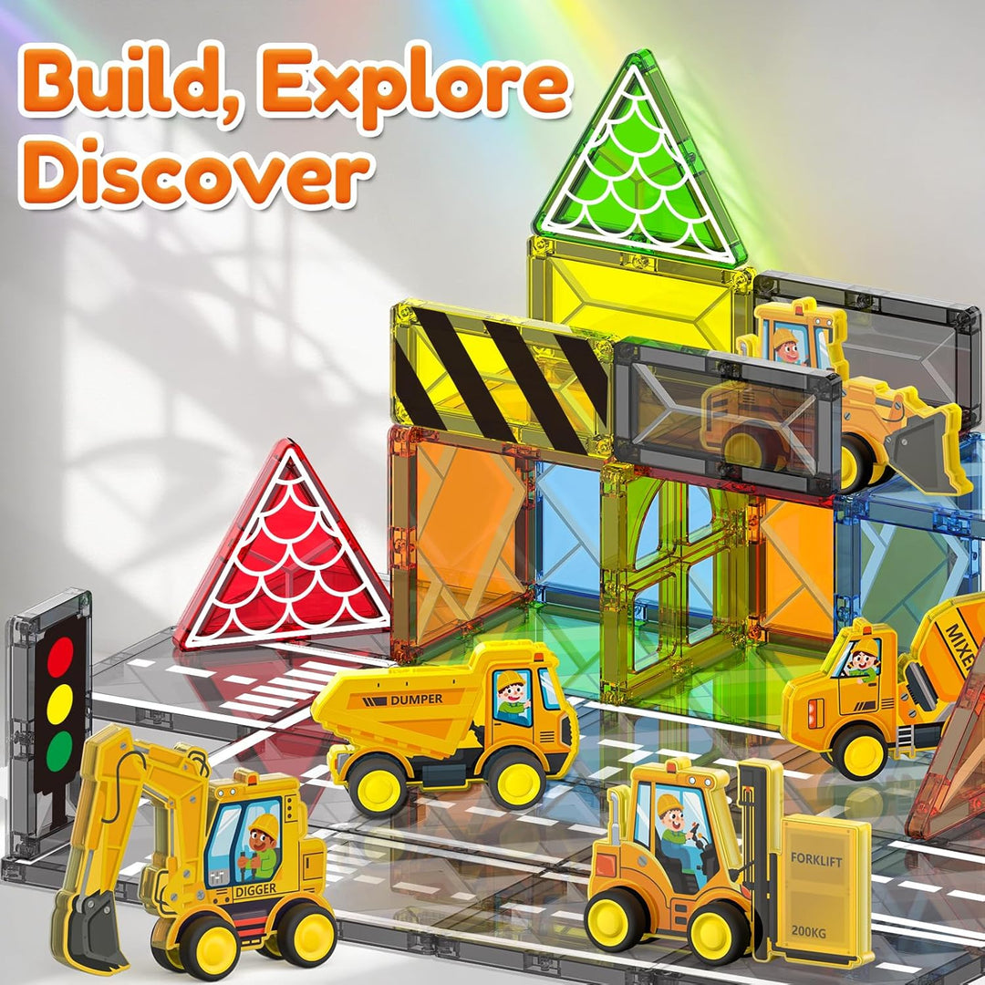 Magnetic Tiles Engineer Expansion Pack – 5 Pcs Construction Vehicles + 25 Pcs Road Building Magnetic Blocks