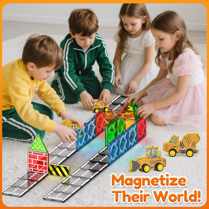 Magnetic Tiles Engineer Expansion Pack – 5 Pcs Construction Vehicles + 25 Pcs Road Building Magnetic Blocks