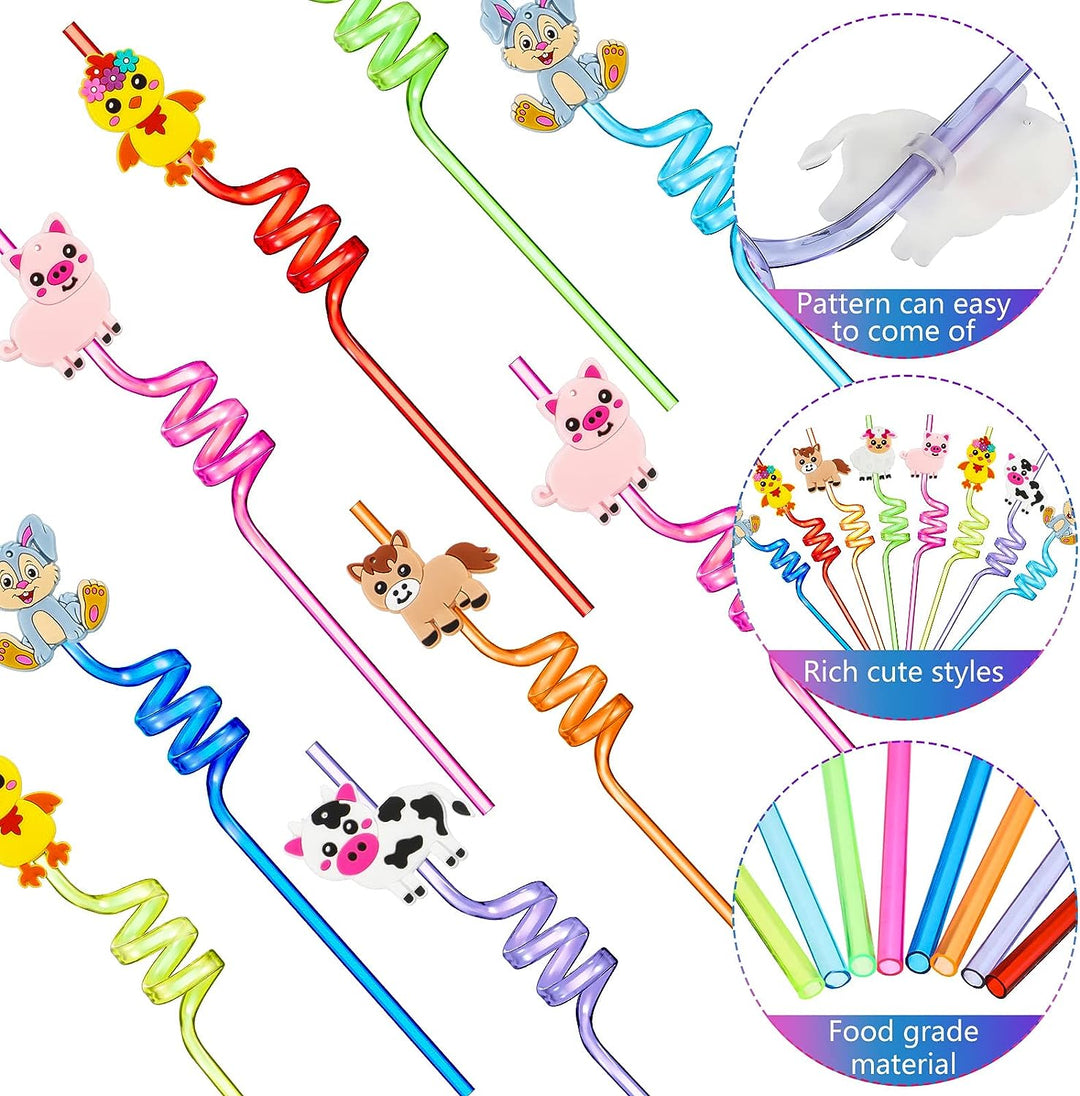 Potchen 8 Reusable Farm Animal Plastic Straws [No Retail Packing]