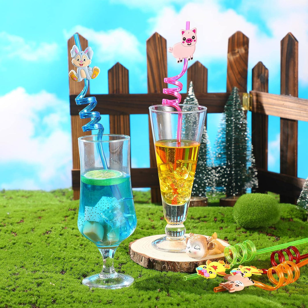 Potchen 8 Reusable Farm Animal Plastic Straws [No Retail Packing]