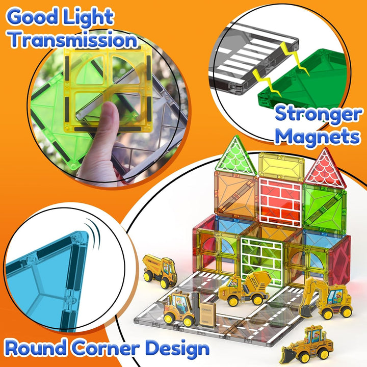 Magnetic Tiles Engineer Expansion Pack – 5 Pcs Construction Vehicles + 25 Pcs Road Building Magnetic Blocks