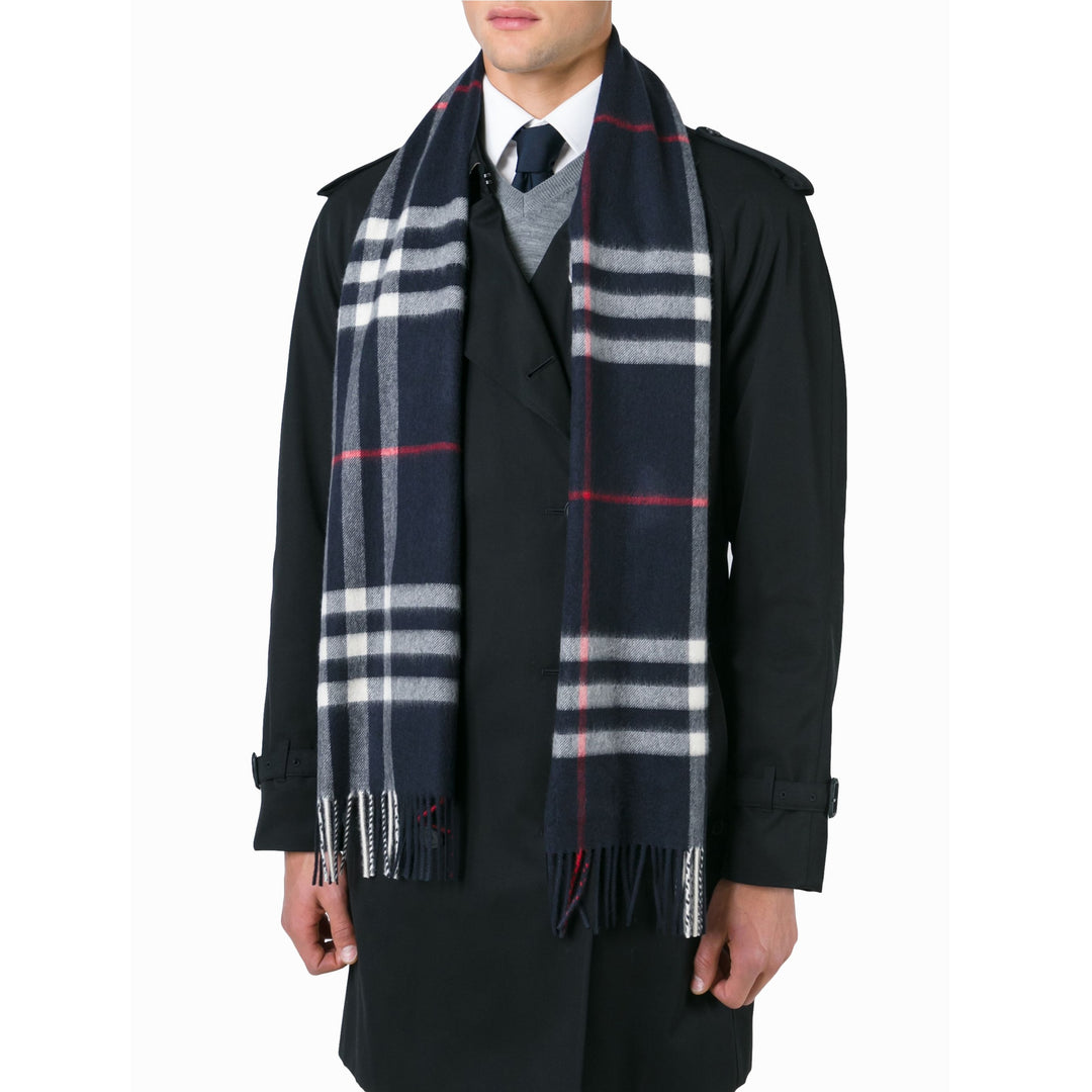 Burberry Classic Cashmere Fringed Check Scarf - Midnight Blue