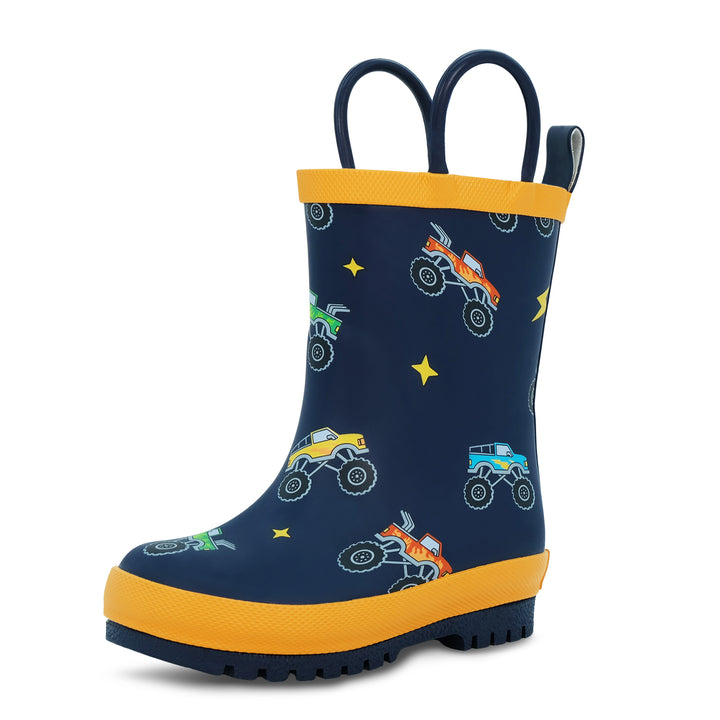 >Jan & Jul Kids Puddle-Dry Rain Boots (Handle) - Big Trucks