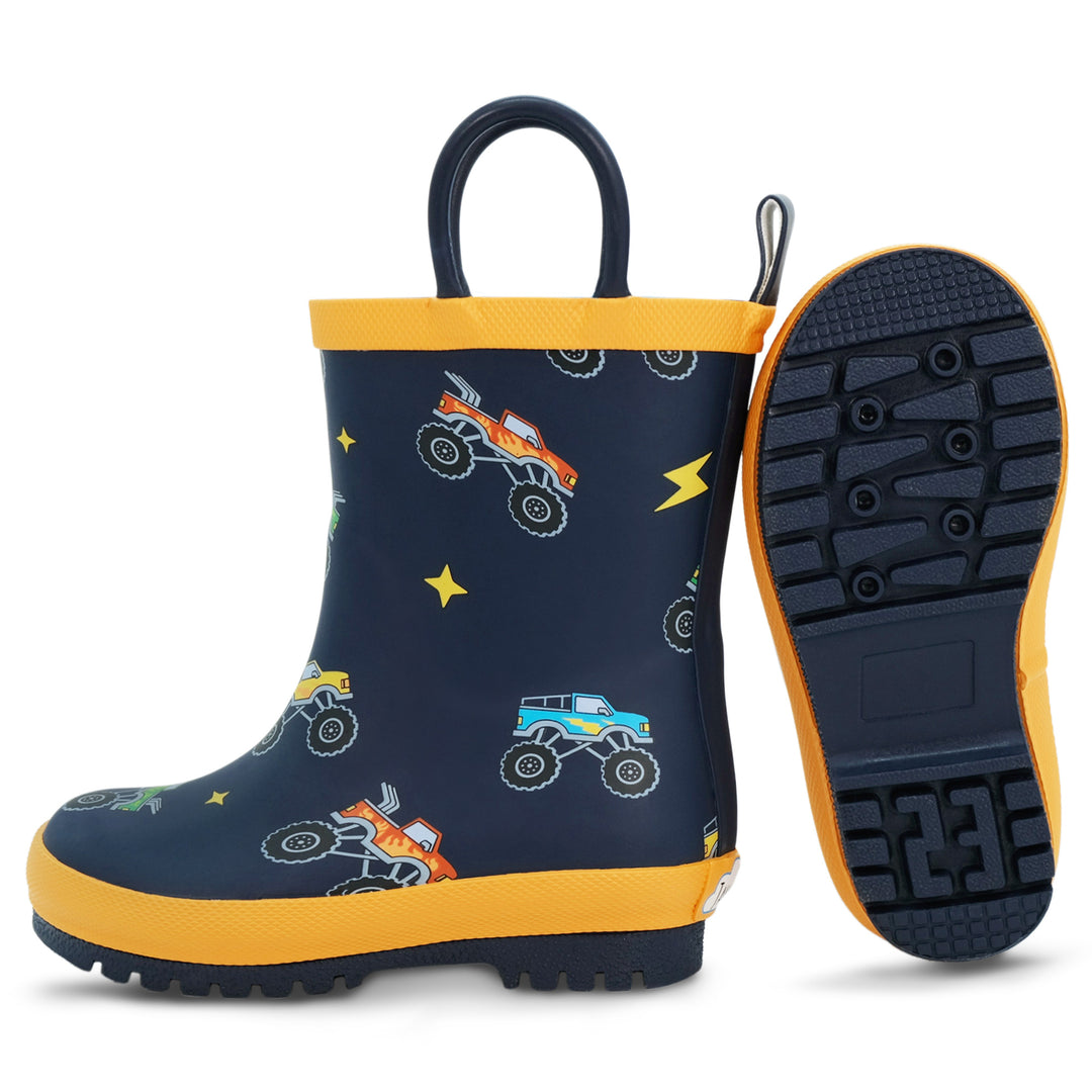 >Jan & Jul Kids Puddle-Dry Rain Boots (Handle) - Big Trucks