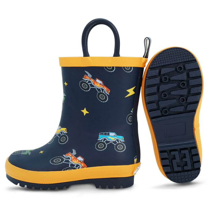 >Jan & Jul Kids Puddle-Dry Rain Boots (Handle) - Big Trucks