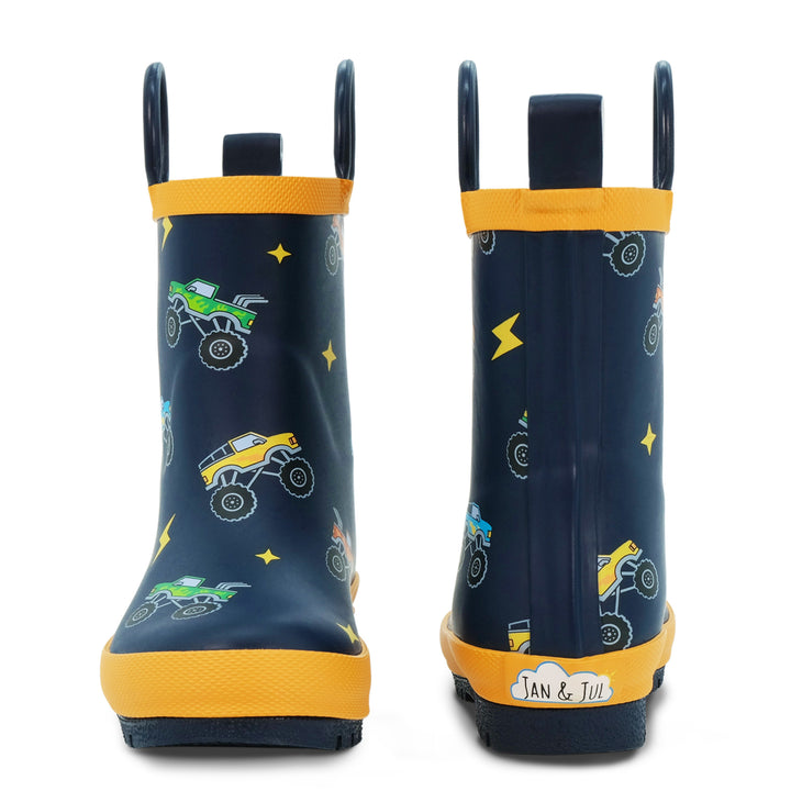 >Jan & Jul Kids Puddle-Dry Rain Boots (Handle) - Big Trucks