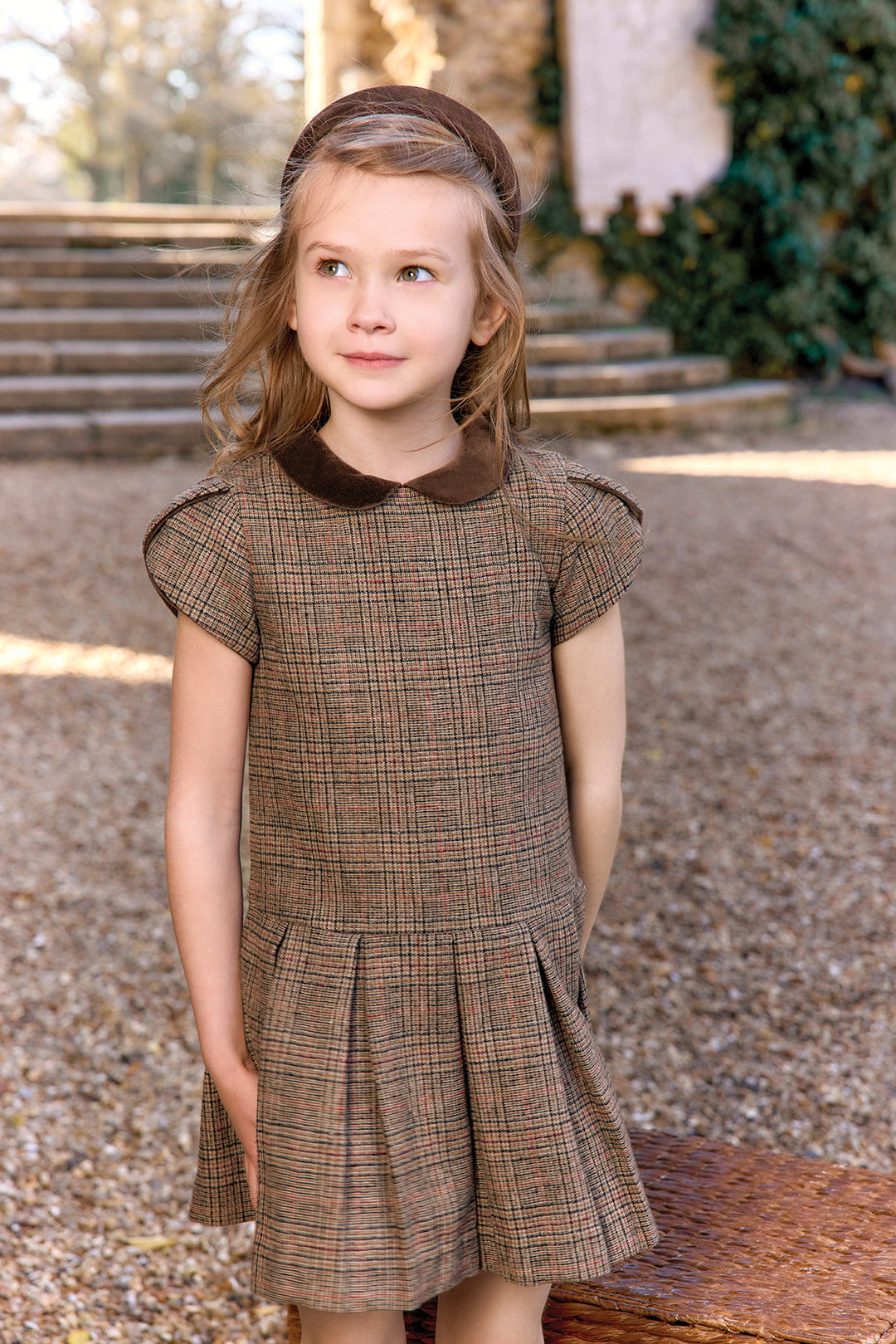 >Tartine et Chocolat Kids Wool Check Velvet Collar Dress - Brown