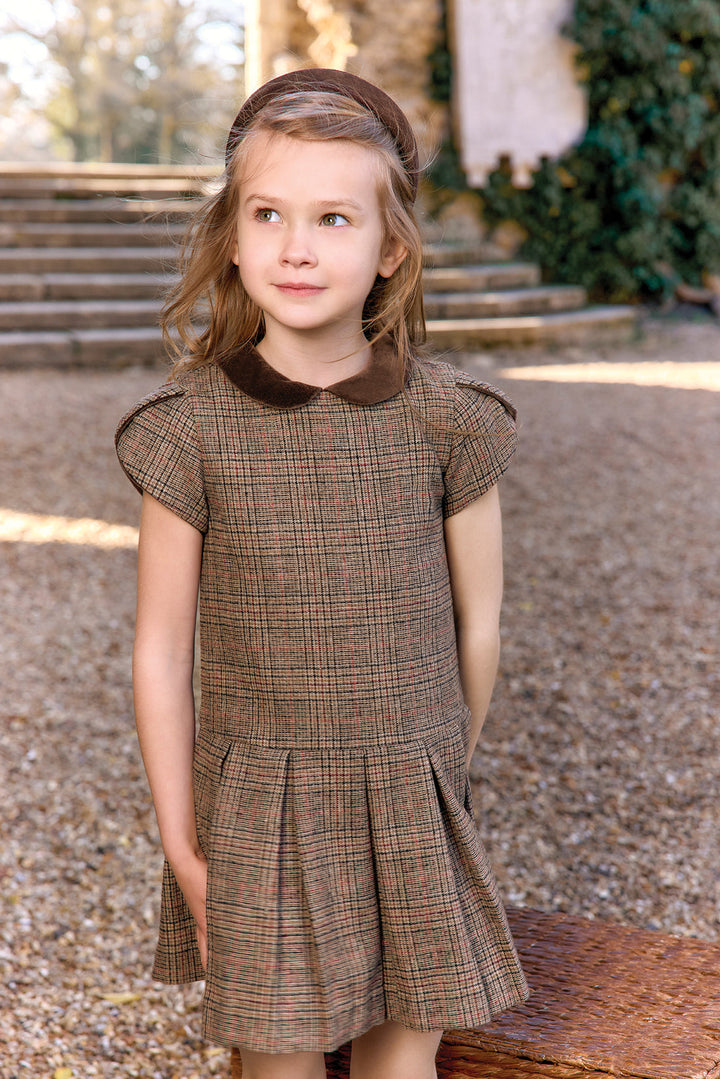 >Tartine et Chocolat Kids Wool Check Velvet Collar Dress - Brown