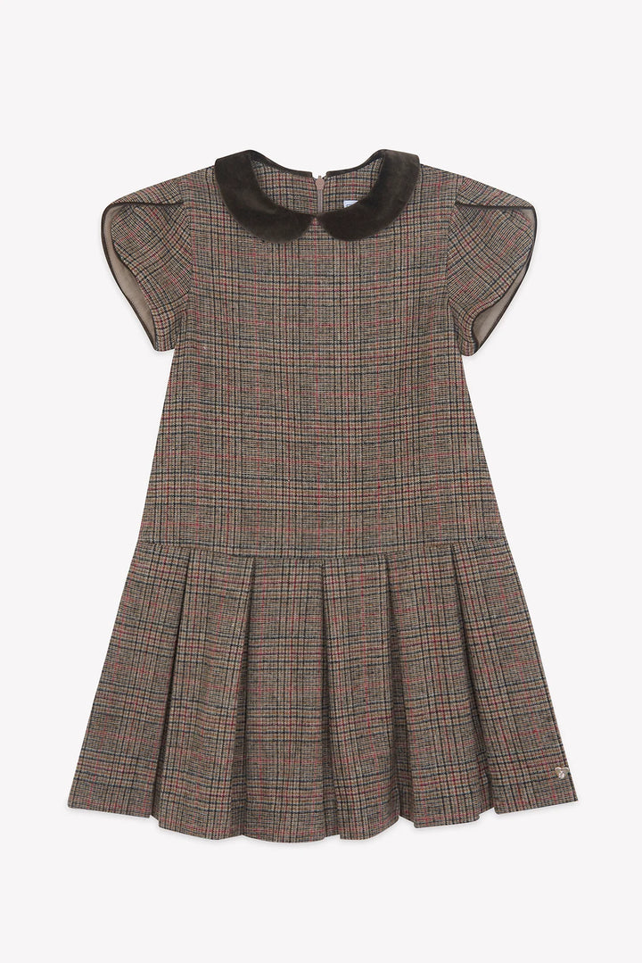>Tartine et Chocolat Kids Wool Check Velvet Collar Dress - Brown