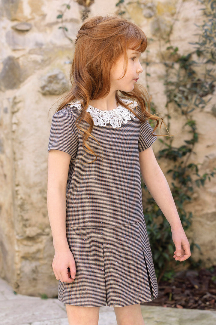 >Tartine et Chocolat Kids Girls  Puppytooth Lace-Embroidered Collar Dress