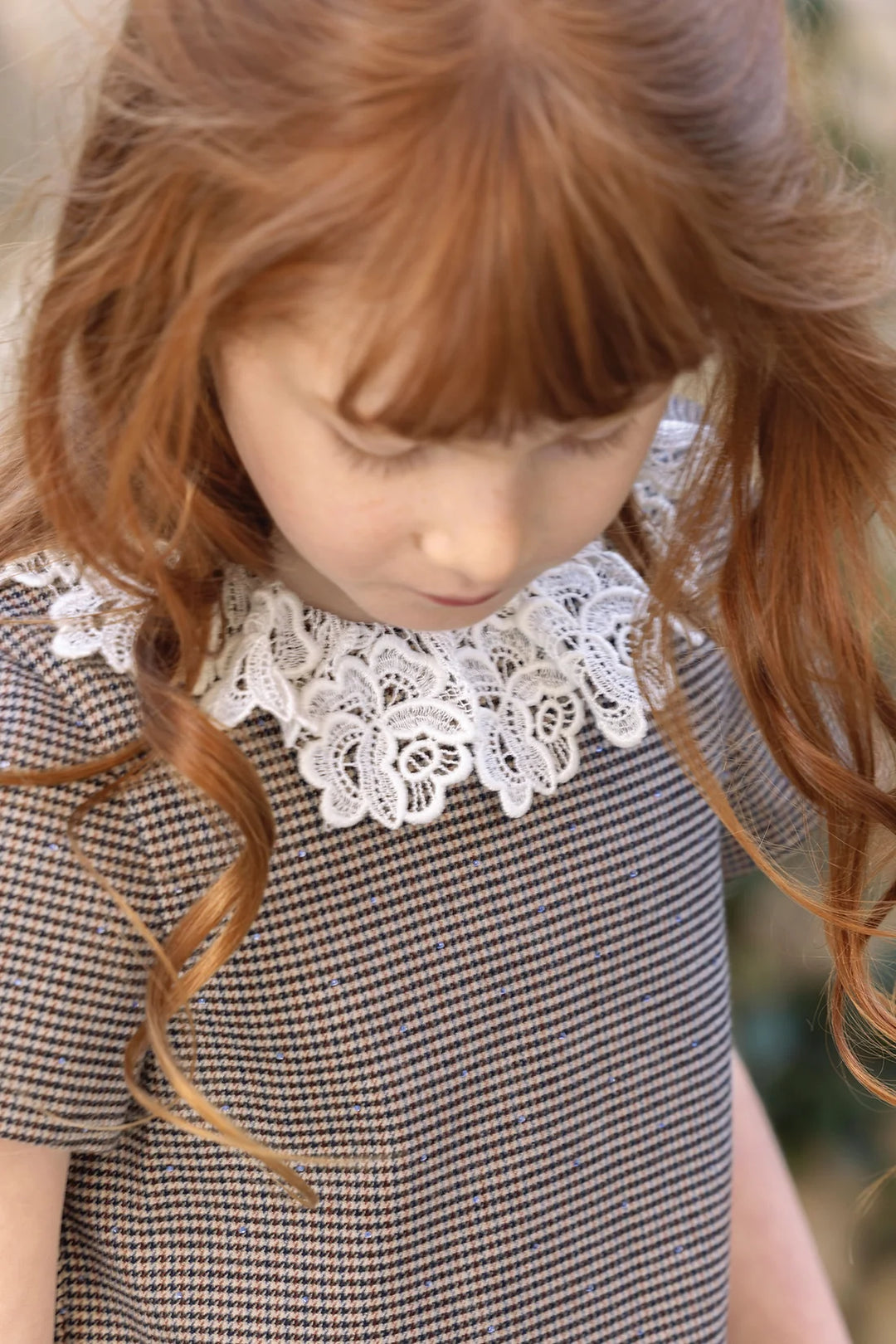 >Tartine et Chocolat Kids Girls  Puppytooth Lace-Embroidered Collar Dress
