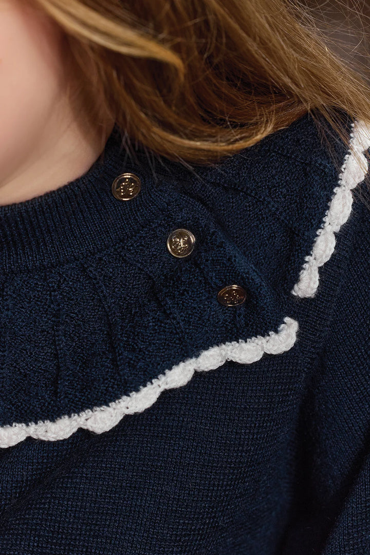 >Tartine et Chocolat Kids Girls Wool Scalloped High Collar Dress - Navy