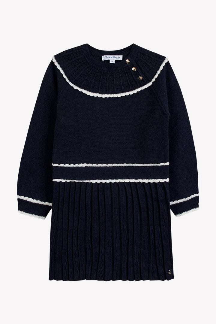 >Tartine et Chocolat Kids Girls Wool Scalloped High Collar Dress - Navy