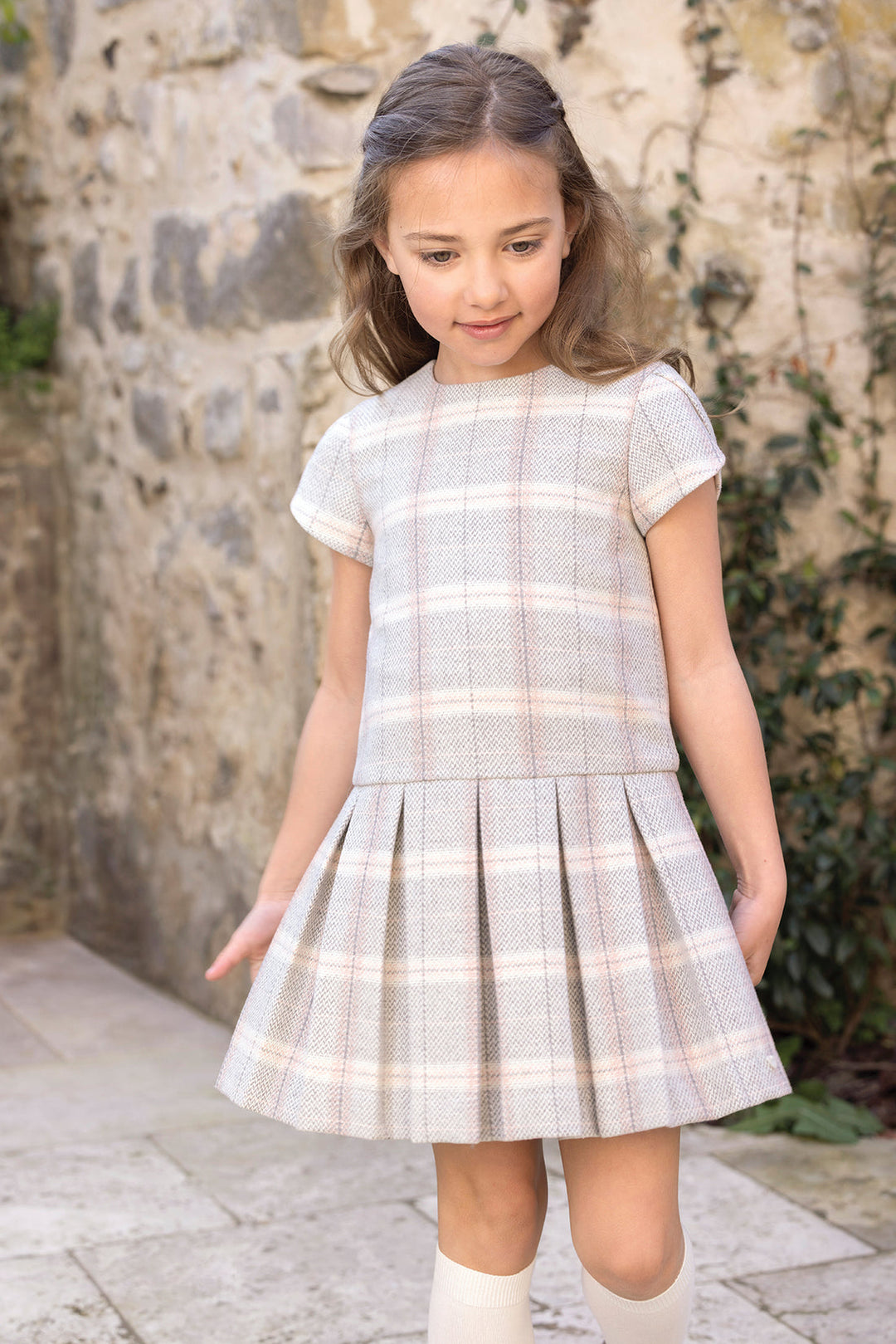 >Tartine et Chocolat Kids Girl Round Neck Check Dress - Medium Beige