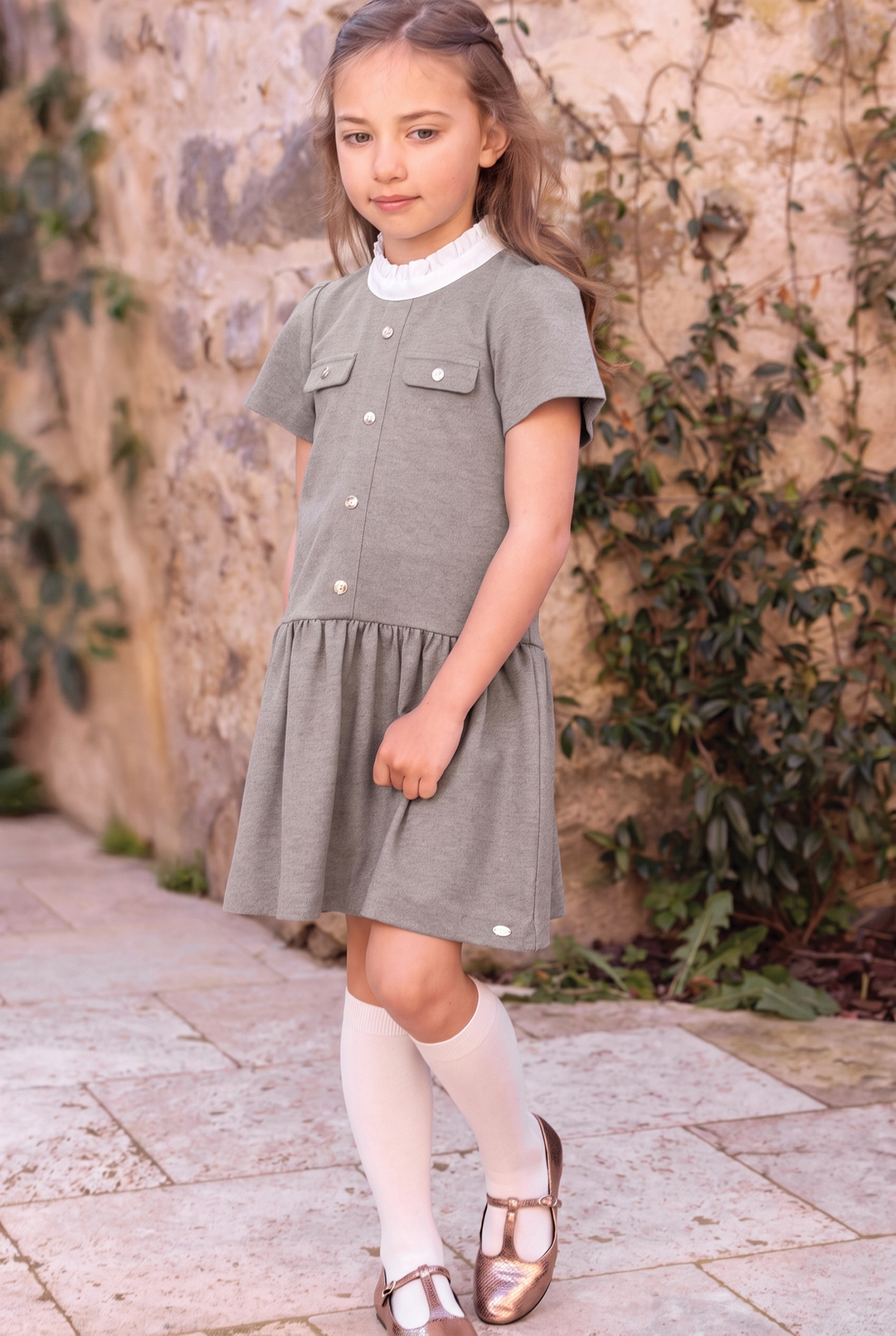 >Tartine et Chocolat Kids Round Neck Buttons Dress - Heather Grey