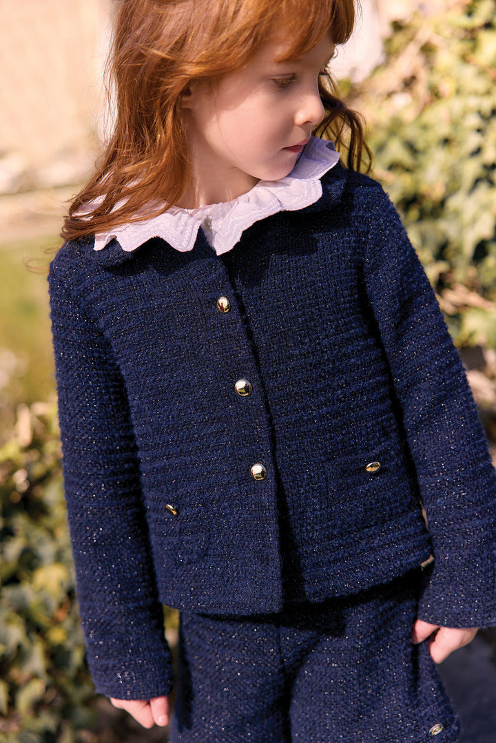 >Tartine et Chocolat Kids Peter Pan Collar Tweed Gold Buttons Jacket - Navy