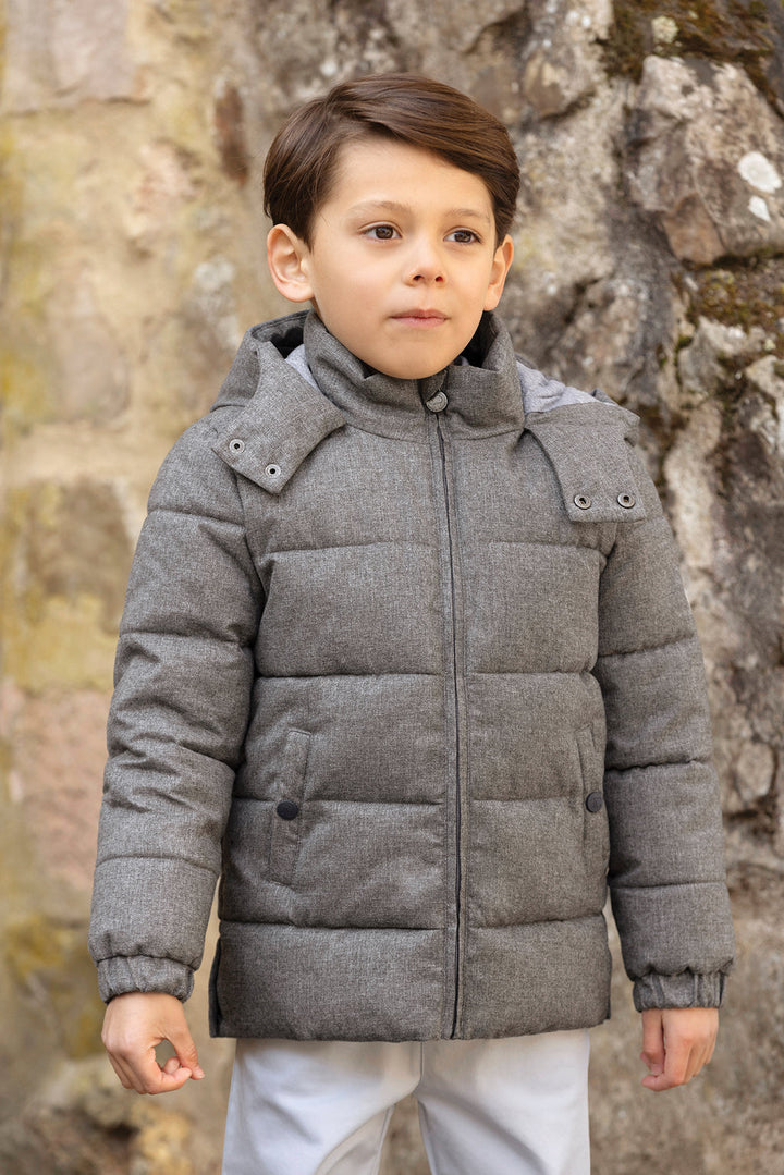 >Tartine et Chocolat Kids Quilted Hood Down Jacket - Mottled Grey