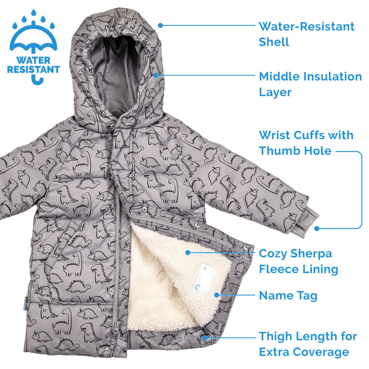 >Jan & Jul Kids Toasty-Dry Puffy Coat - Glacier Dino