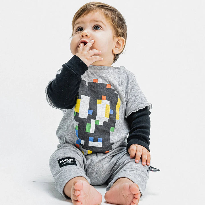 Nununu Baby SOFT PIXEL SKULL OVERALL - HEATHER GREY