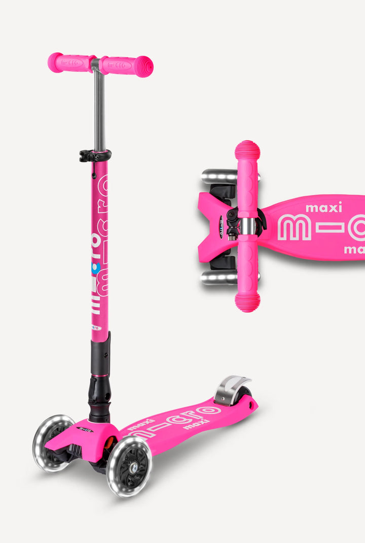 Micro Kickboard Kids Maxi Deluxe Foldable LED Scooter - Shocking Pink [Age 5-12]