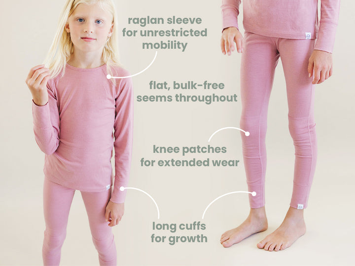 >Woolino Kids Merino Wool Base Layer Long Sleeve Top + Leggings Set - Blush Pink