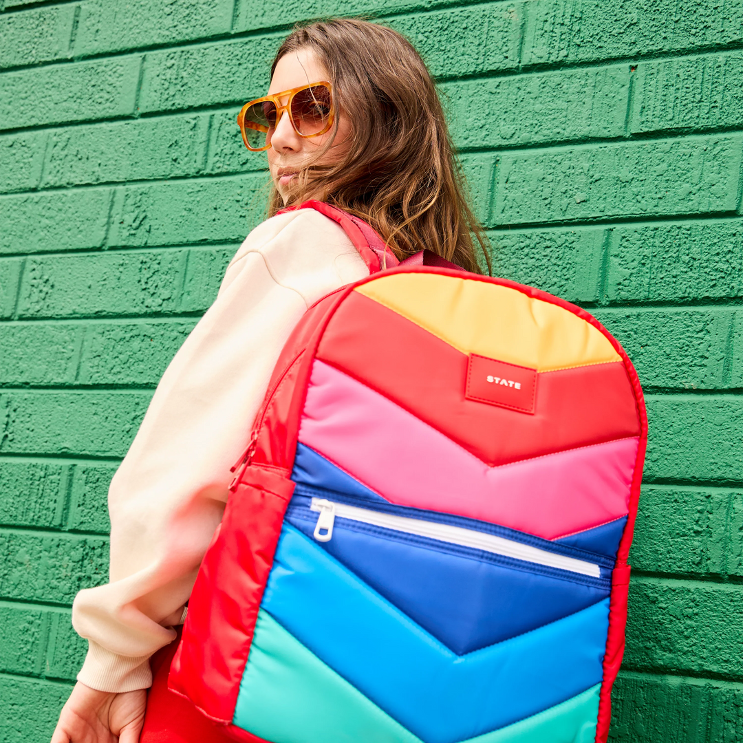 State Bags Kane Kids Double Pocket Large Backpack - RAINBOW CHEVRON