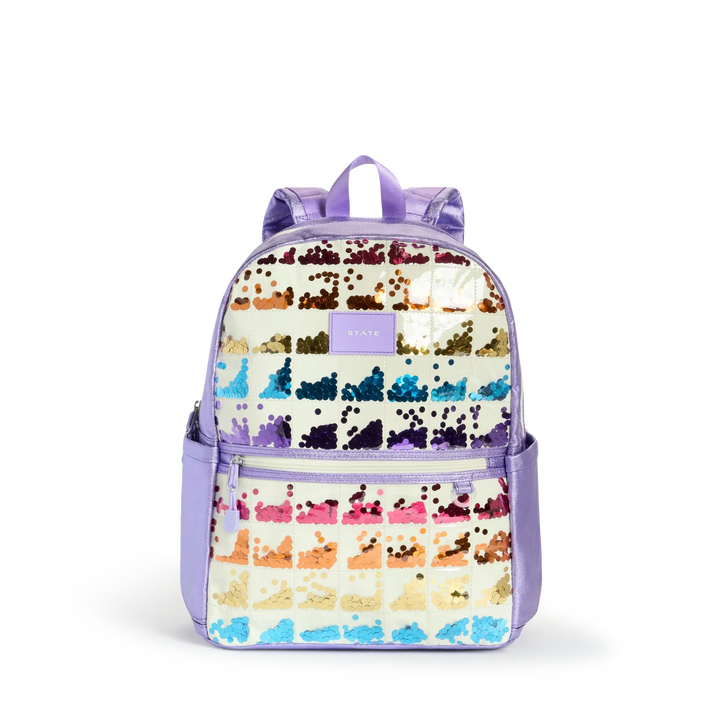 State Bags Kane Kids Double Pocket Backpack - Metallic | Lilac Quilted Sequins