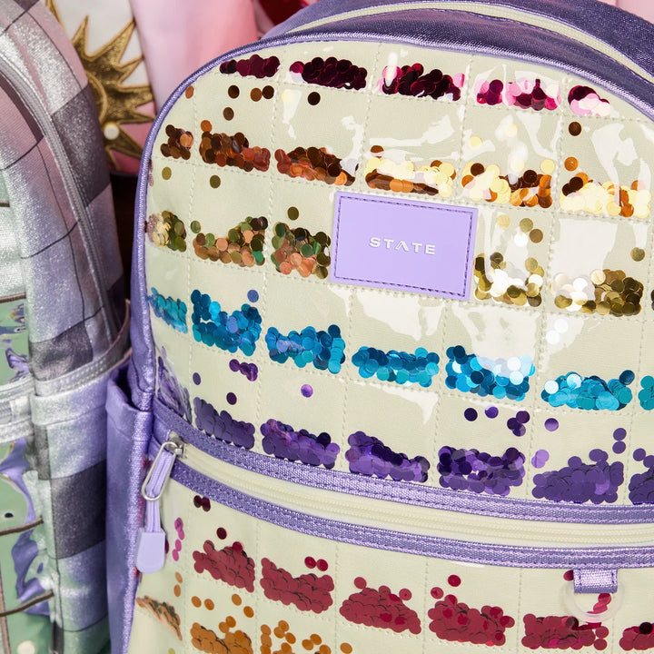 State Bags Kane Kids Double Pocket Backpack - Metallic | Lilac Quilted Sequins