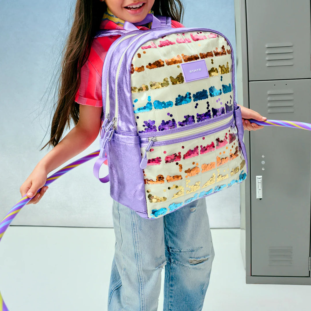 State Bags Kane Kids Double Pocket Backpack - Metallic | Lilac Quilted Sequins