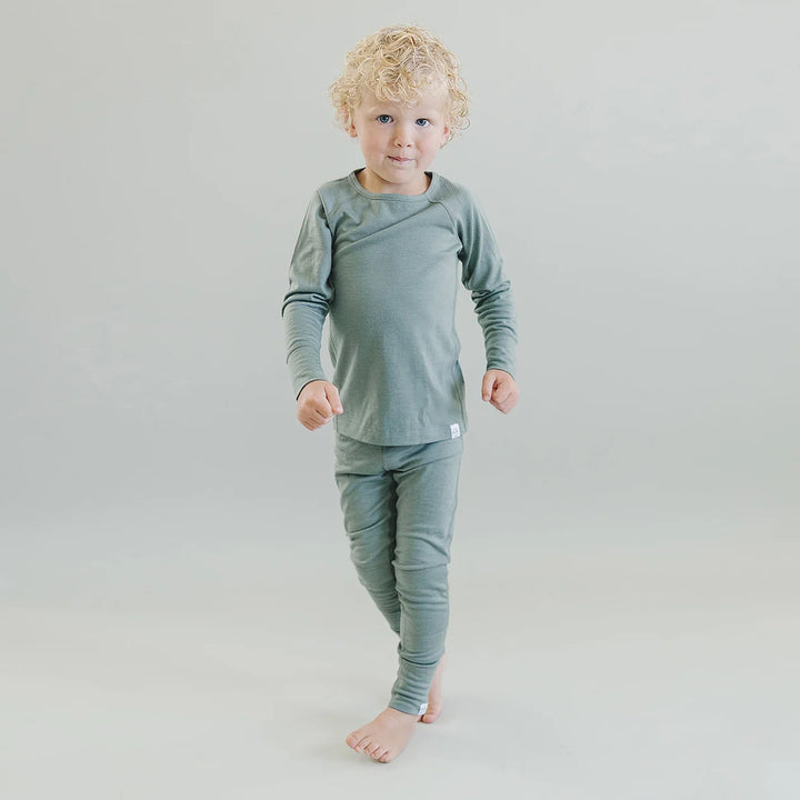 >Woolino Kids Merino Wool Base Layer Long Sleeve Top + Leggings Set - Sage