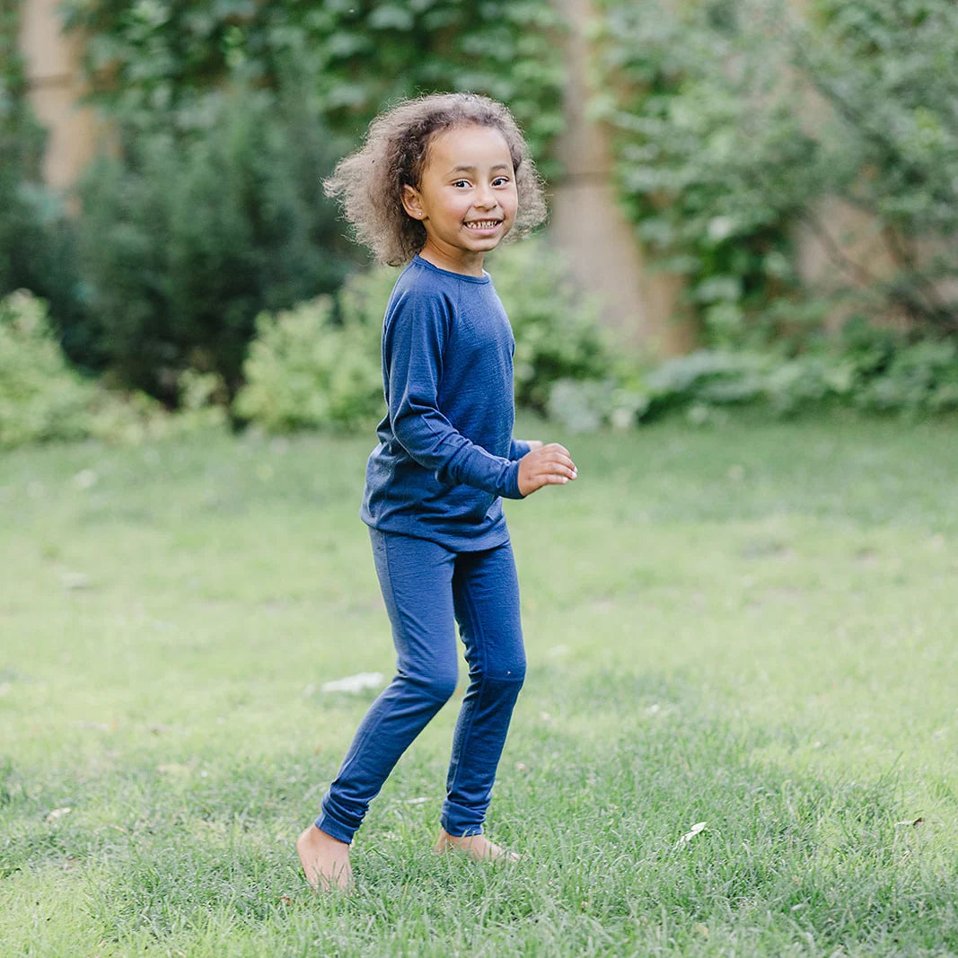 >Woolino Kids Merino Wool Base Layer Long Sleeve Top + Leggings Set - Deep Blue
