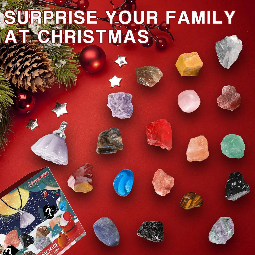 24 Days Christmas Countdown Calendar w/ 24-Grid Ore Polished Gemstones Surprise Blind Box Set
