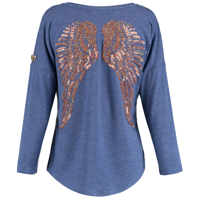 Angel's Face Girls Long Sleeve Slouch Wings Sequin Top - Denim Blue