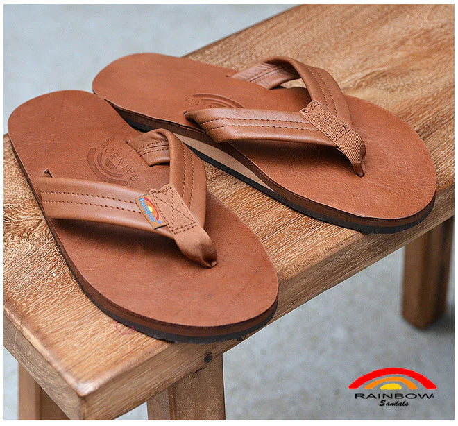 Rainbow Mens/Womens Leather Flip-Flops Sandals - Tan Brown