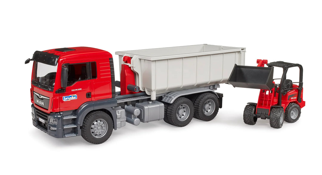 >Bruder 03767 MAN TGS Truck w Roll-off container w Schaeffer comp loader repl