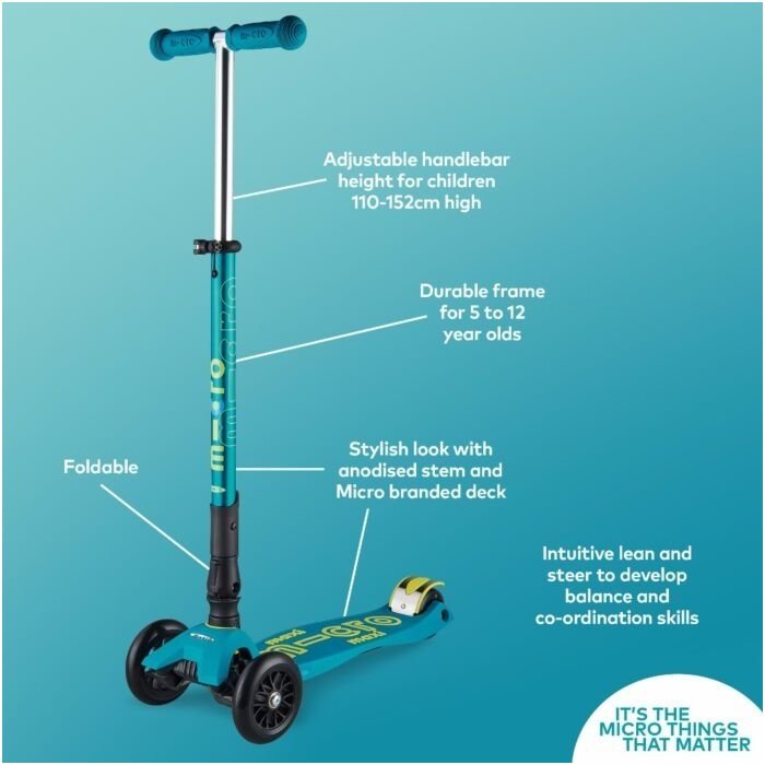 Micro Kids Maxi Deluxe Foldable LED Scooter - Petrol Green [Age 5-12]