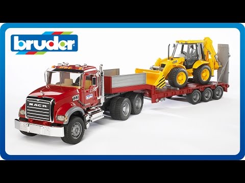 >Bruder 02813 MACK Granite Flatbed Truck w/ JCB Loader Backhoe 36.8 x 7.3 x 10.4 in