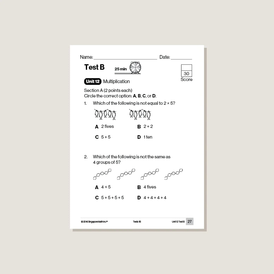 >Singapore Math Primary Mathematics Common Core Edition Tests 1B