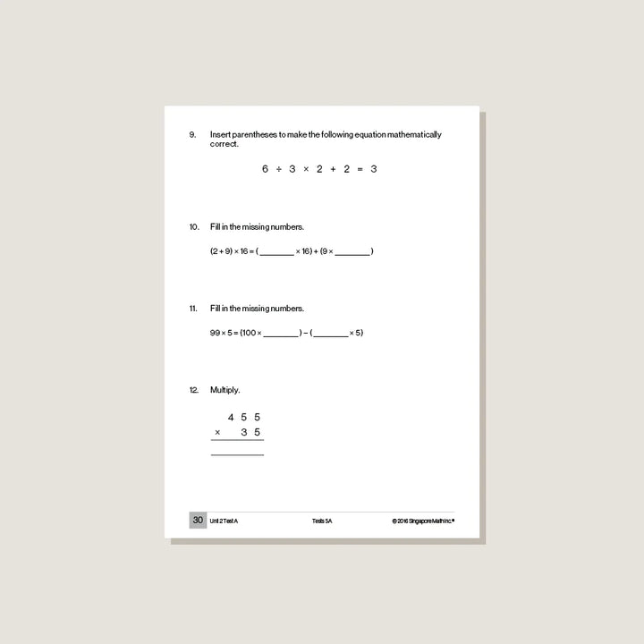 >Singapore Math Primary Mathematics Common Core Edition Tests 5A