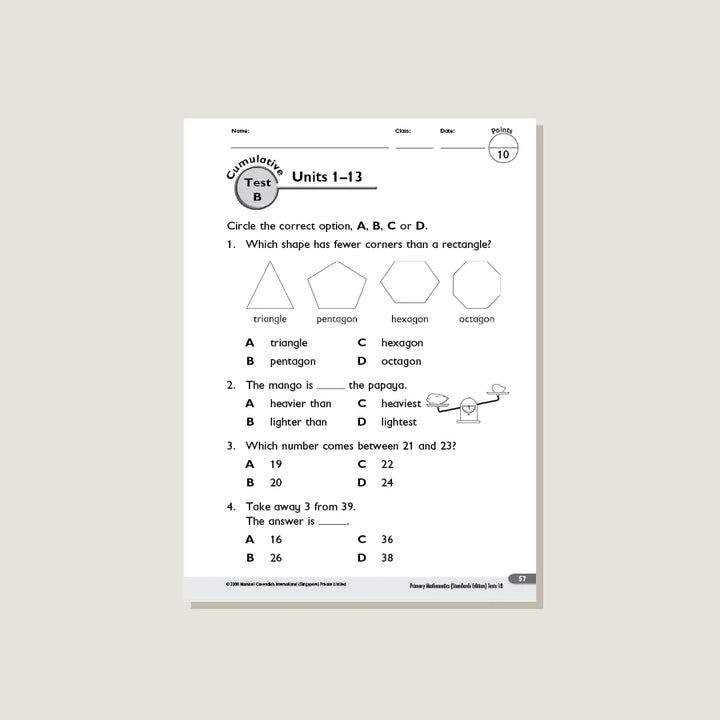 >Singapore Math Primary Mathematics Standards Edition Tests 1B