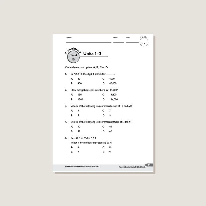 >Singapore Math Primary Mathematics Standards Edition Tests 4A