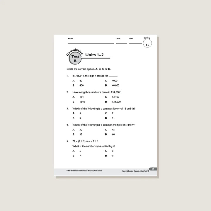 Singapore Math Primary Mathematics Standards Edition Tests 4B
