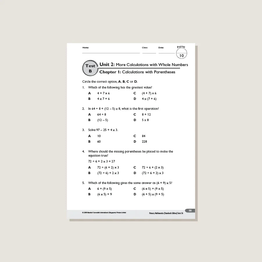 Singapore Math Primary Mathematics Standards Edition Tests 5A