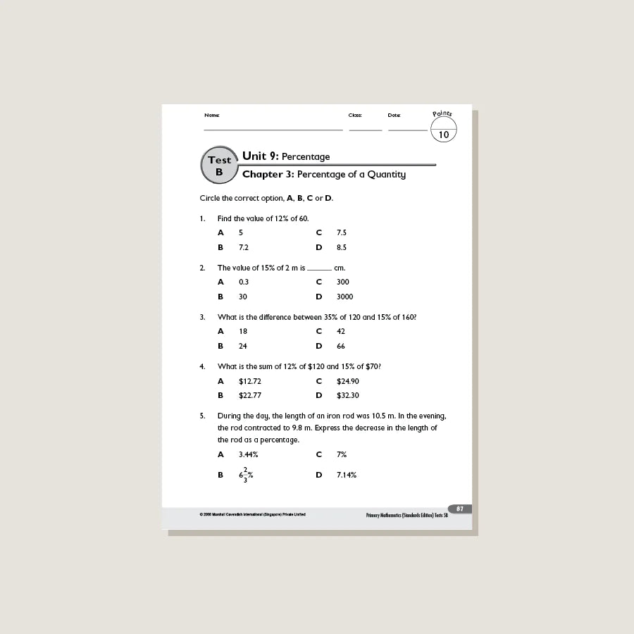 >Singapore Math Primary Mathematics Standards Edition Tests 5B