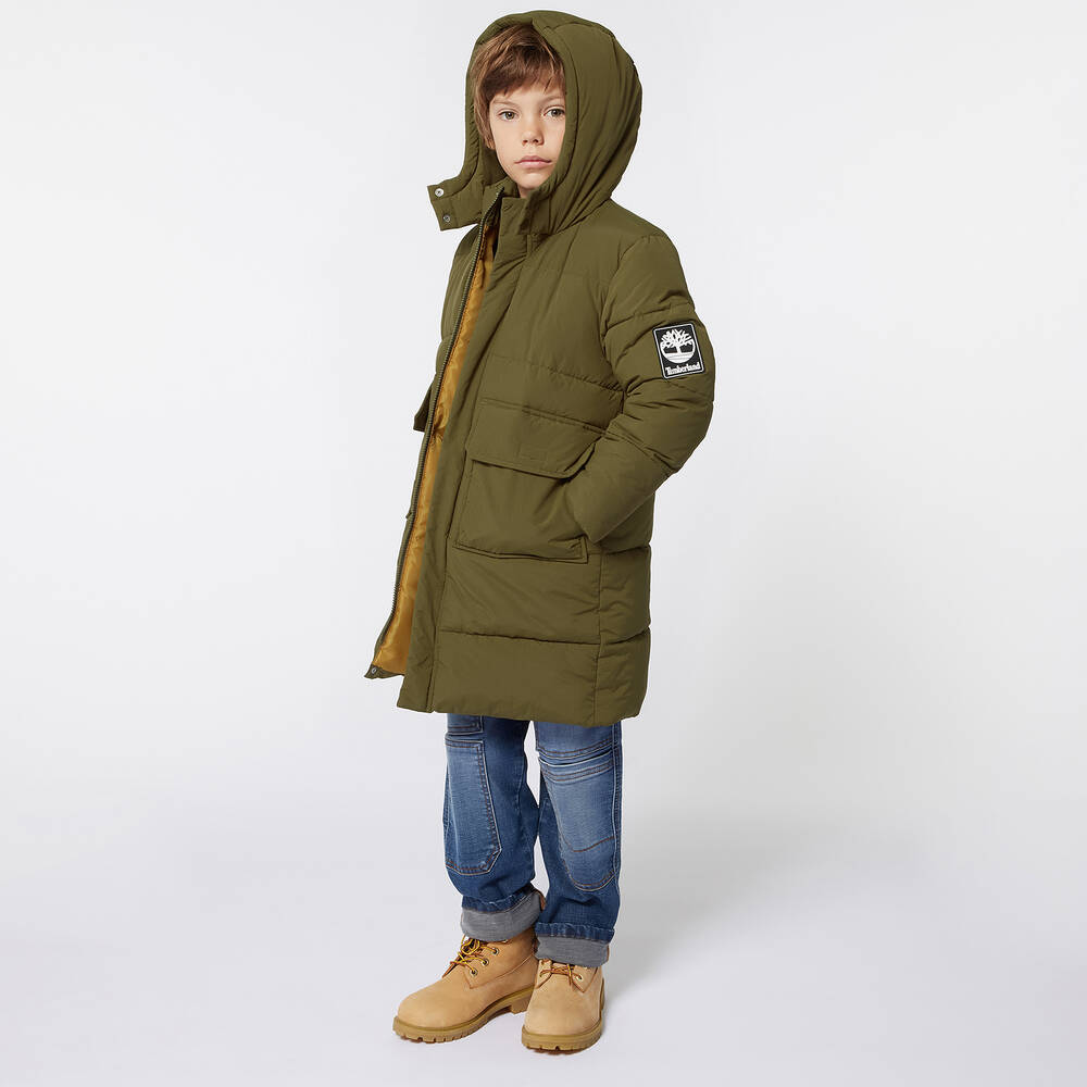 Timberland Kids Hooded Puffer Coat in Khaki Green