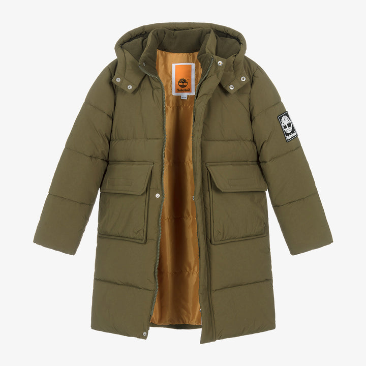 Timberland Kids Hooded Puffer Coat in Khaki Green