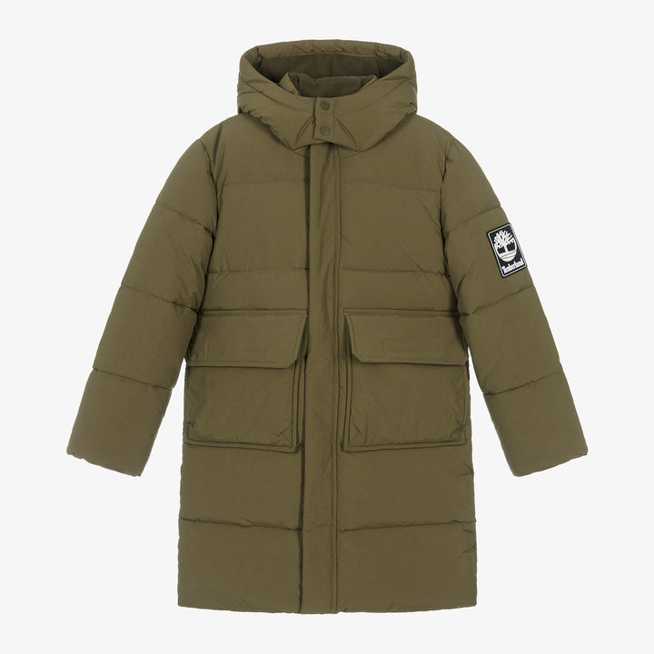 Timberland Kids Hooded Puffer Coat in Khaki Green