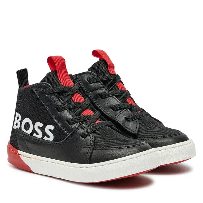 Hugo Boss Kids Hightop Leather Sneaker Shoes - Black/Red