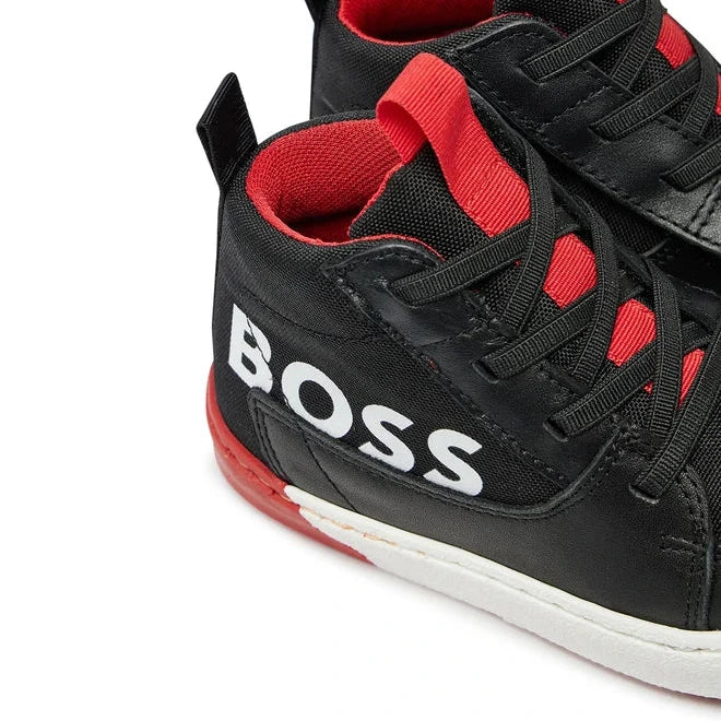 Hugo Boss Kids Hightop Leather Sneaker Shoes - Black/Red